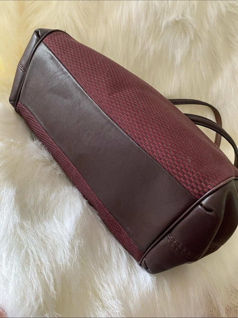 Coach Lexy Carryall Shoulder Bag in Dark Maroon Canvas and Oxblood Leather Trim